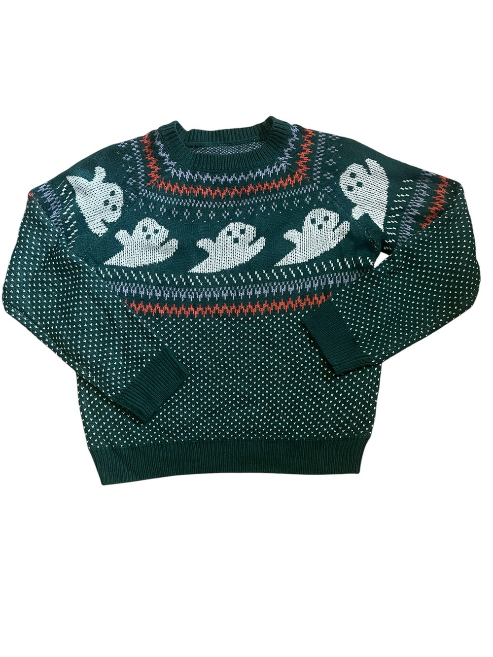 SHEIN Dark Green Crewneck Sweater with White Ghost Motif